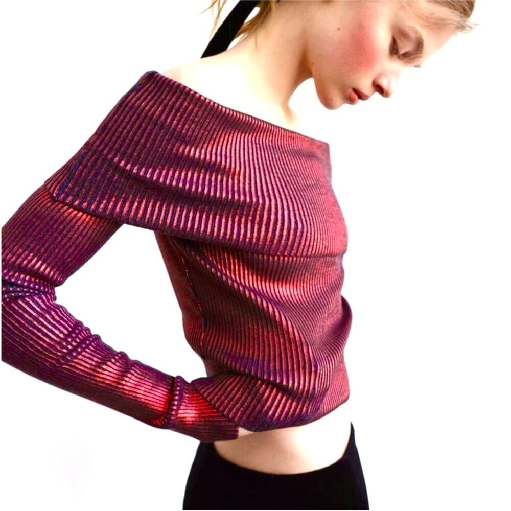 NEW ZARA XS Off the Shoulder Red Metallic Knit Foil Stretch Top NEW WITH TAG